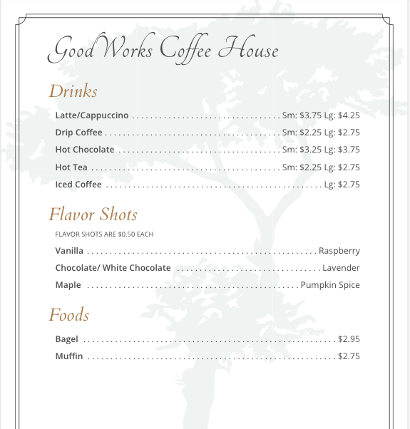 GoodWorks Cafe Menu